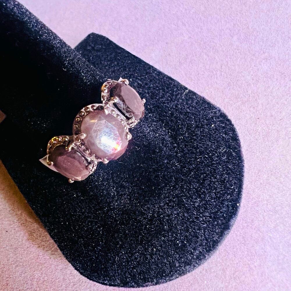 Vintage Silver Tone 3-Stone Oval Smoky Prong Set Cocktail Ring Size 8